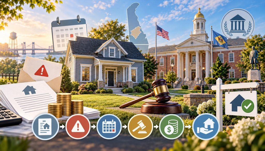 Kent County property tax sale process illustration with house, tax notices, auction gavel, and county courthouse